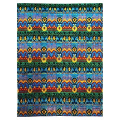 Indian Ikat Sari Silk 9x11 Green & Multicolored Handmade Area Rug