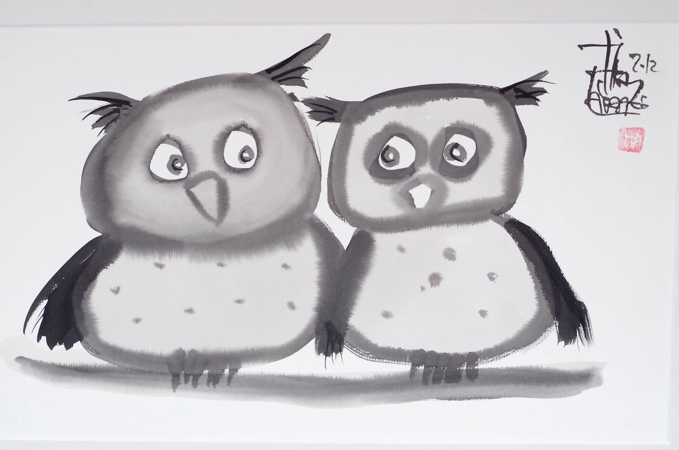 Indian ink and wash on paper depicting a pair of owls, in a black molded wood frame in Dutch style. Signed and dated 2012 at the top right corner. Signed with a monogram, as a tribute to the masters of this Asian technique.
Laszlo Tibay (1962-) is