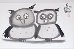 Indian Ink Wash of a Pair of Owls, Signed by Laszlo Tibay, 2012