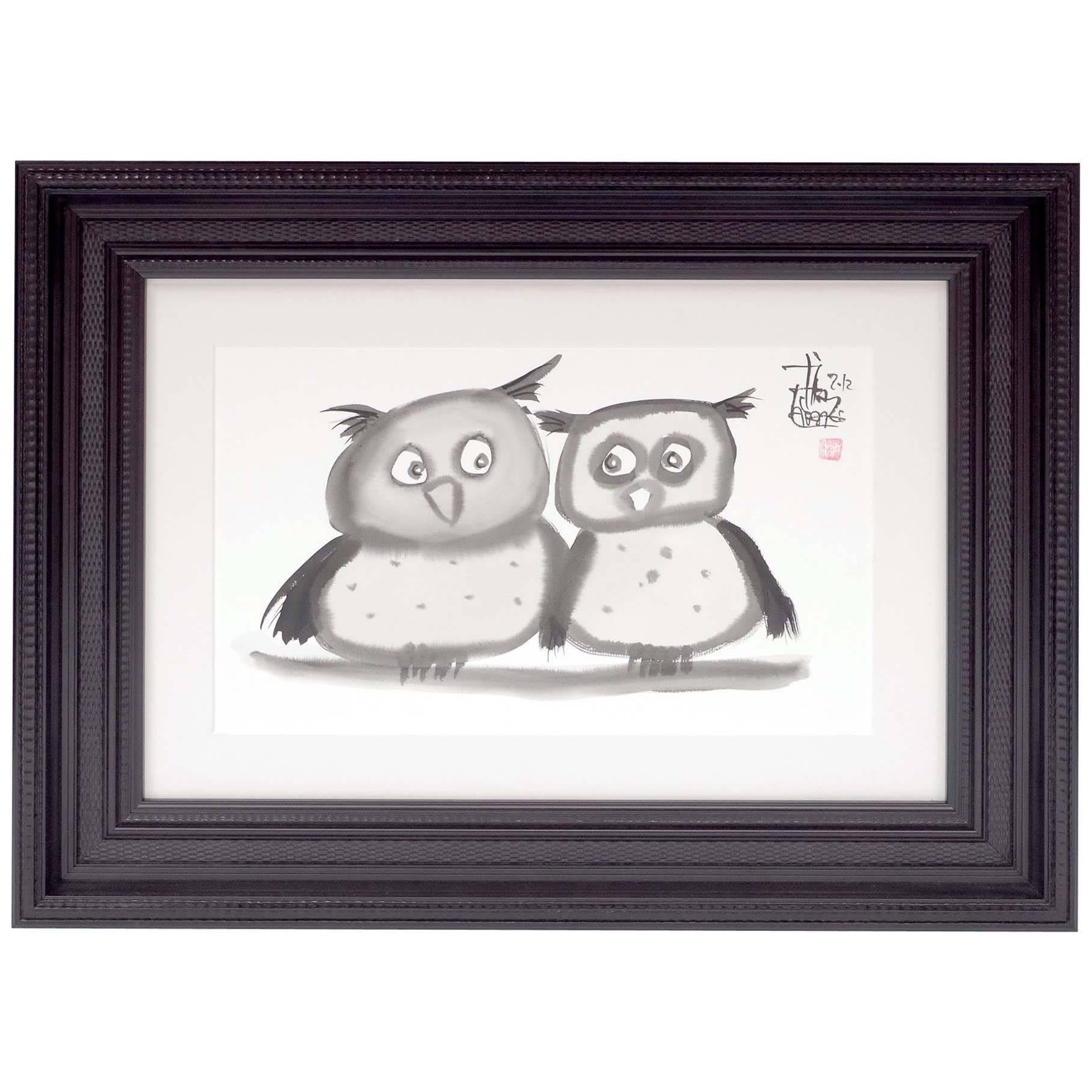 Indian Ink Wash of a Pair of Owls, Signed by Laszlo Tibay, 2012 For Sale