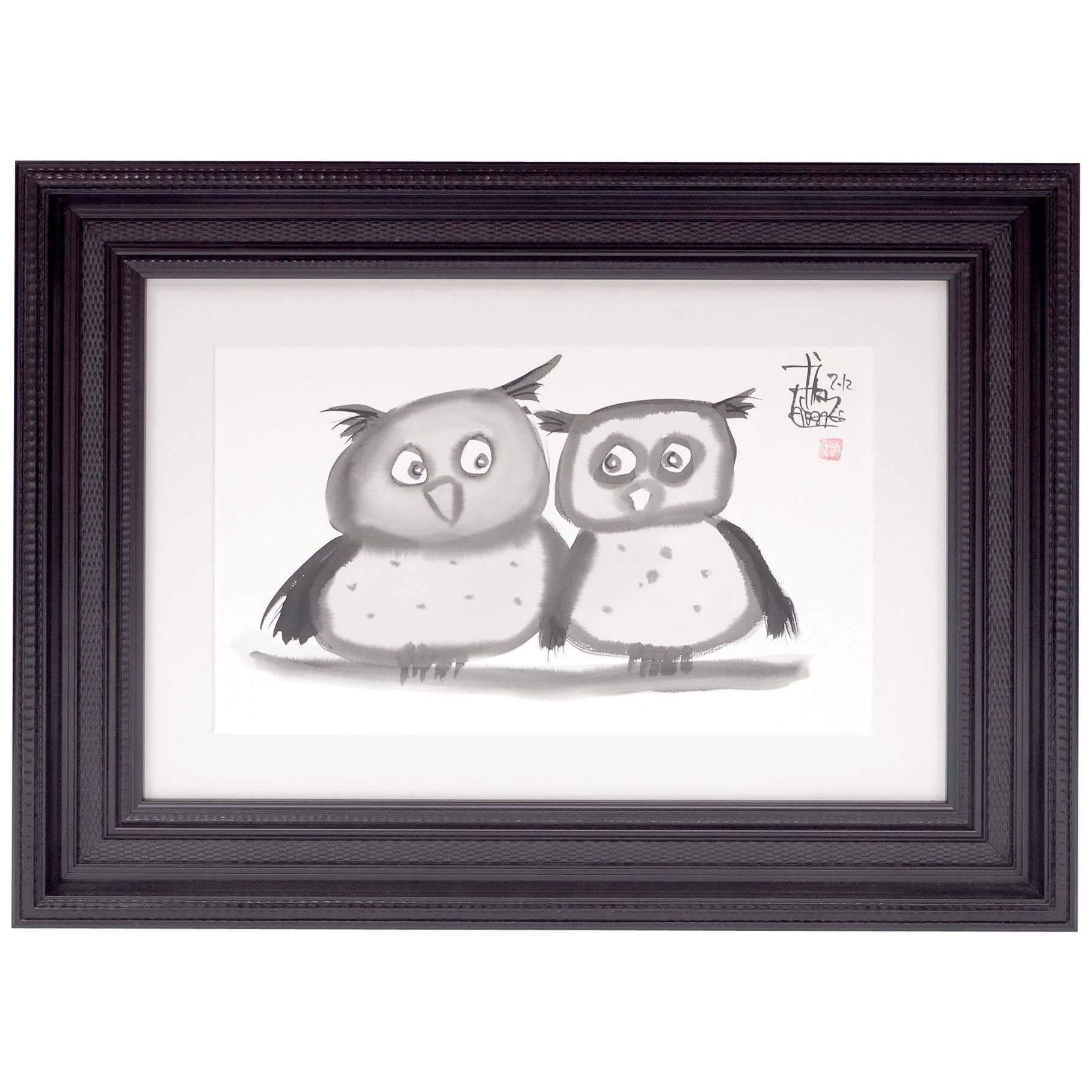 Lavado de tinta china de una pareja de búhos, firmado por Laszlo Tibay, 2012 en venta