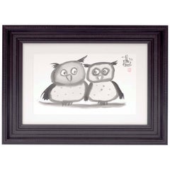 Indian Ink Wash of a Pair of Owls, Signed by Laszlo Tibay, 2012