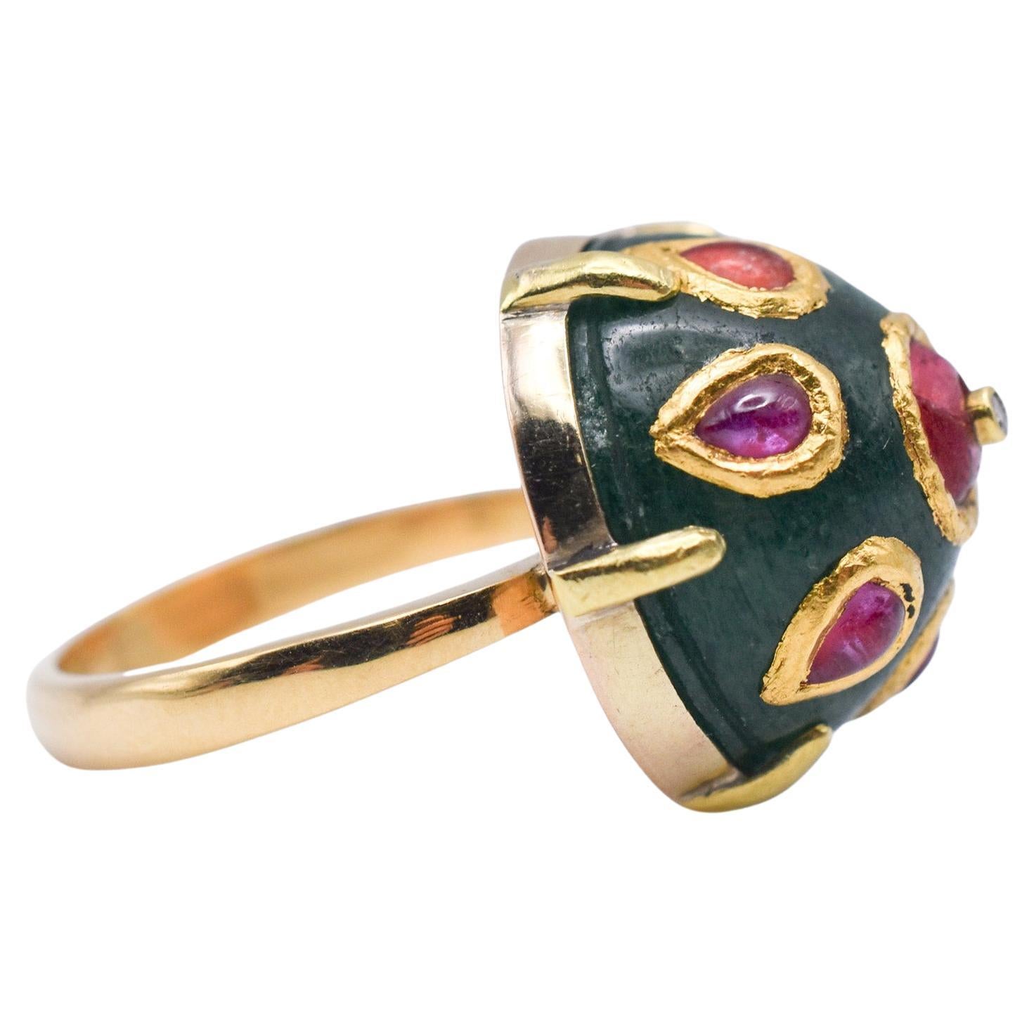 Indian Jade and Ruby Dome Ring in 18k Yellow Gold For Sale