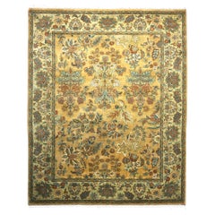 Vintage Indian Jaipur Wool 8x10 Camel, Ivory & Light Green Handmade Area Rug