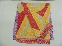 Indian Kantha Colorful Quilted Throw with Triangles, Circles and Flowers