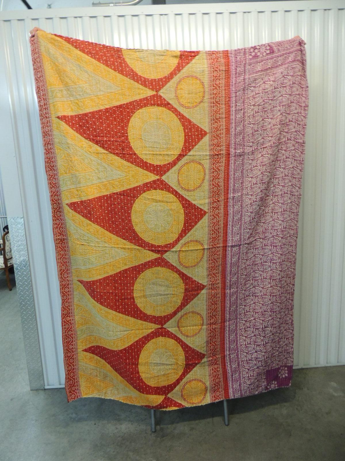Bohemian Indian Kantha Colorful Quilted Throw with Triangles, Circles and Flowers