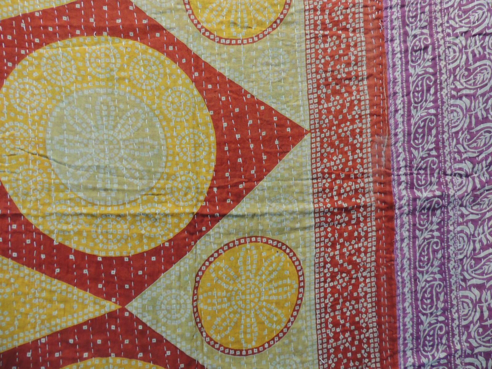 Hand-Crafted Indian Kantha Colorful Quilted Throw with Triangles, Circles and Flowers