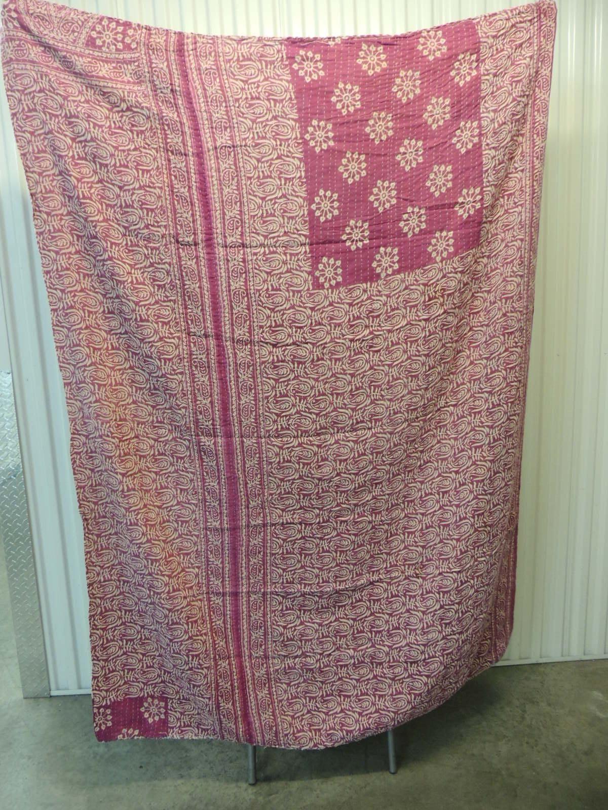 Indian Kantha Colorful Quilted Throw with Triangles, Circles and Flowers In Good Condition In Oakland Park, FL