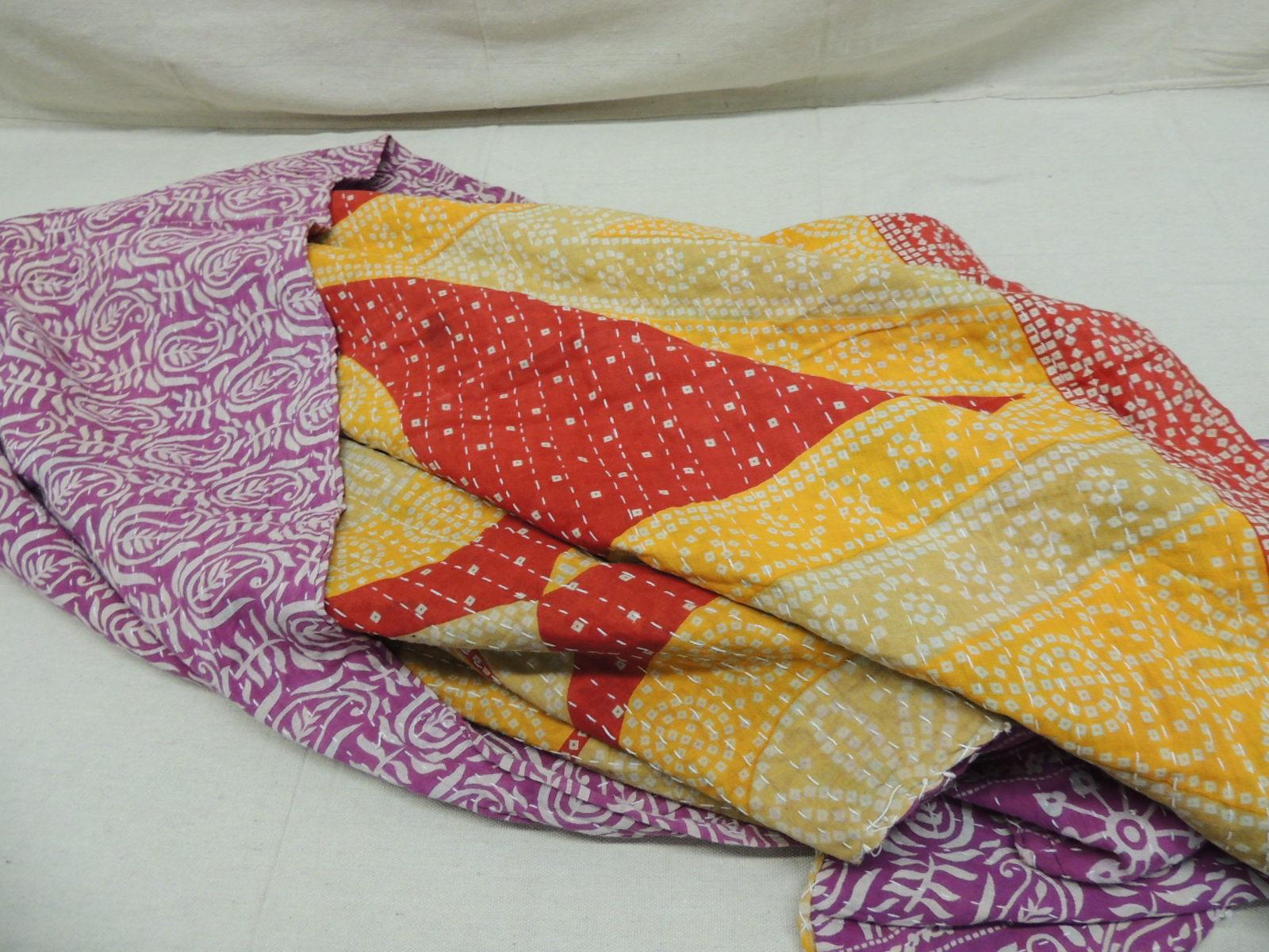 Cotton Indian Kantha Colorful Quilted Throw with Triangles, Circles and Flowers