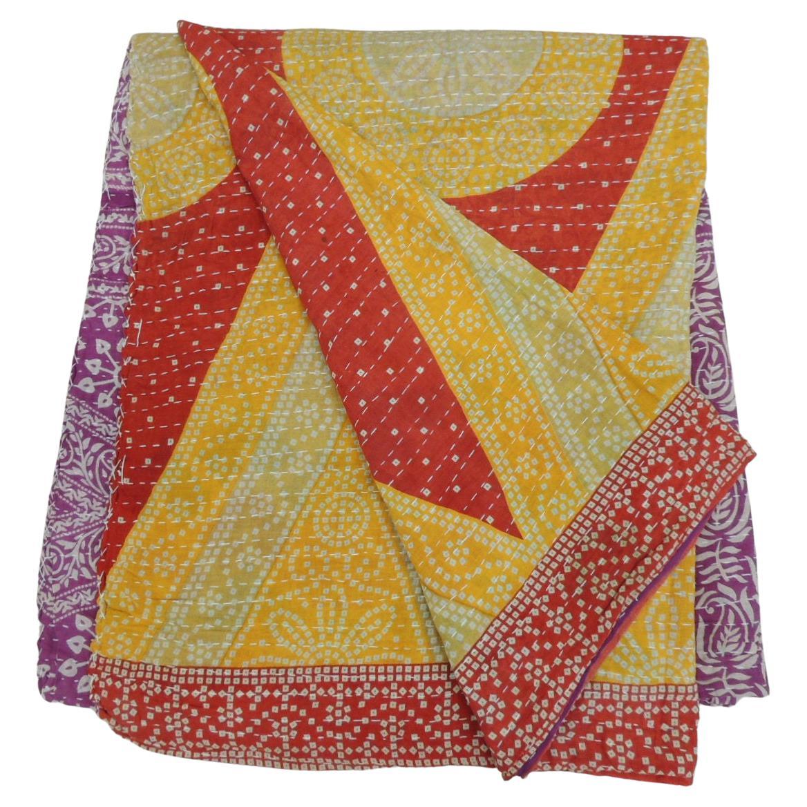 Indian Kantha Colorful Quilted Throw with Triangles, Circles and Flowers