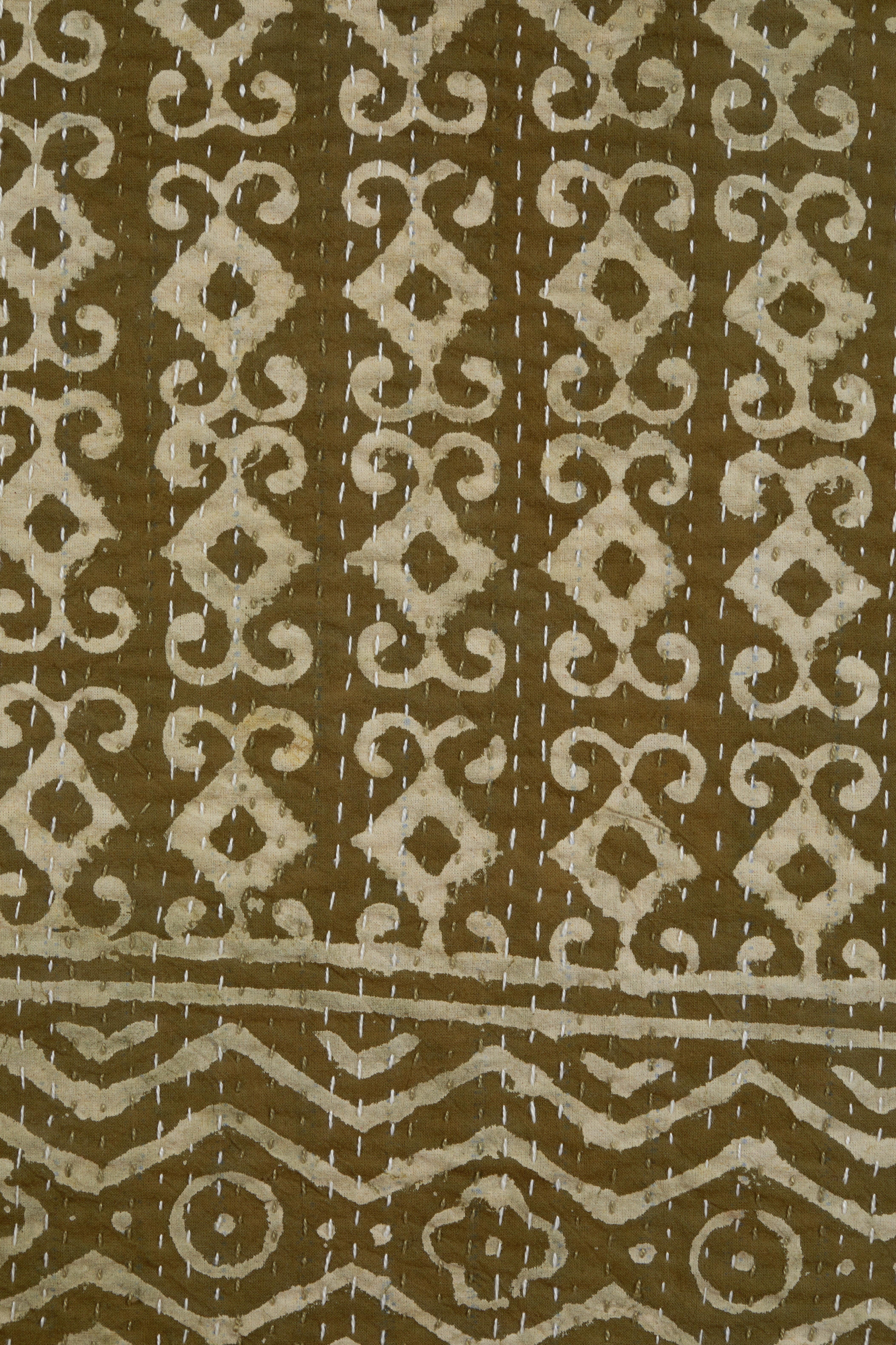 Contemporary Indian Kantha quilts. Olive green. Two different designs as shown. Quilting stitches visible in photo of back. Sold separately.
  