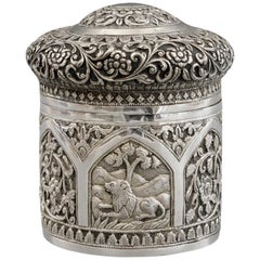 Indian Karachi Silver Lidded Tea Caddy with Animals by J Mankrai