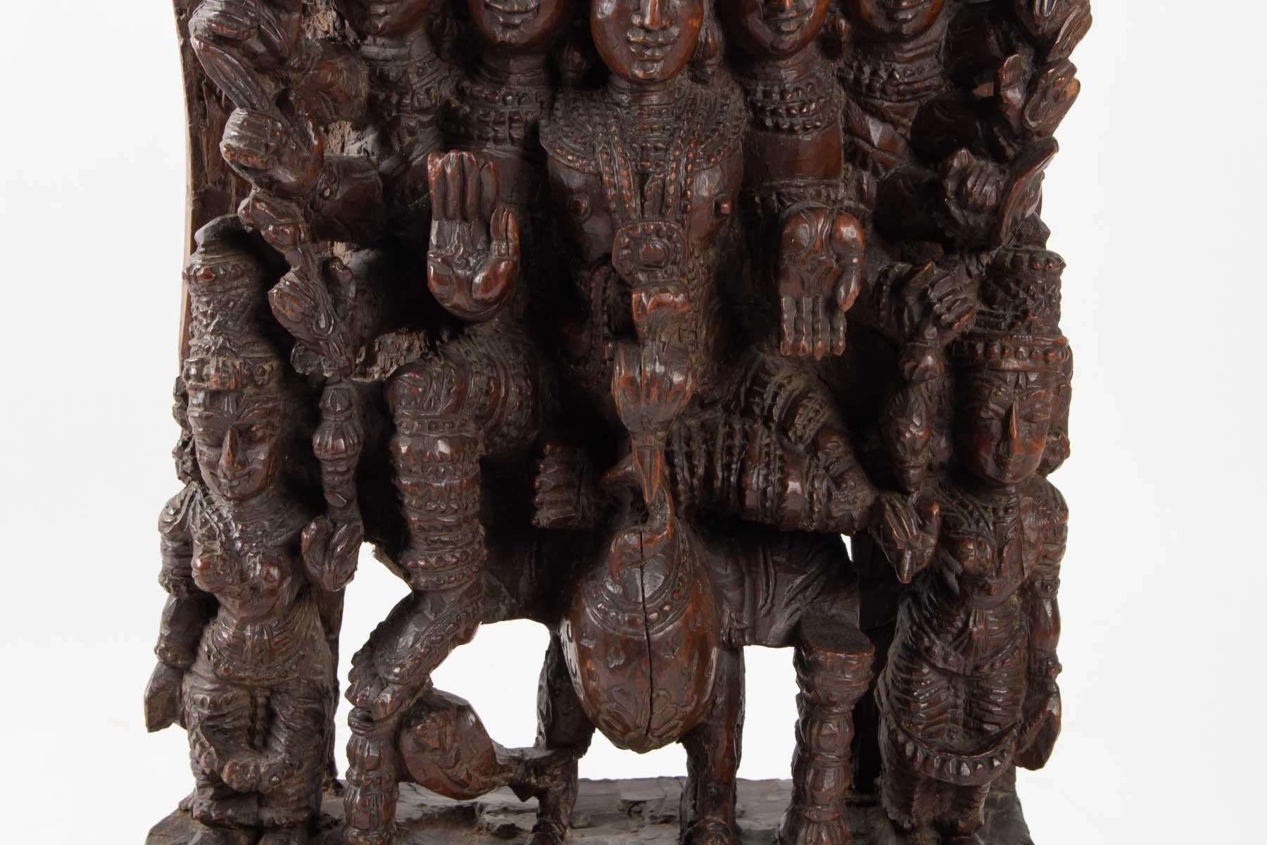 Indian Low Relief, India, Antique 19th Century Carved Wood, Skanda In Good Condition In Saint-Ouen, FR