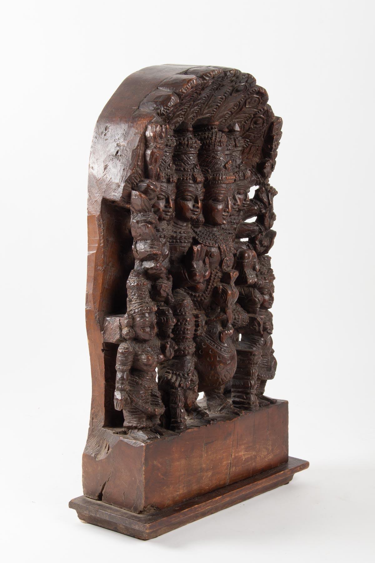 Indian Low Relief, India, Antique 19th Century Carved Wood, Skanda 2