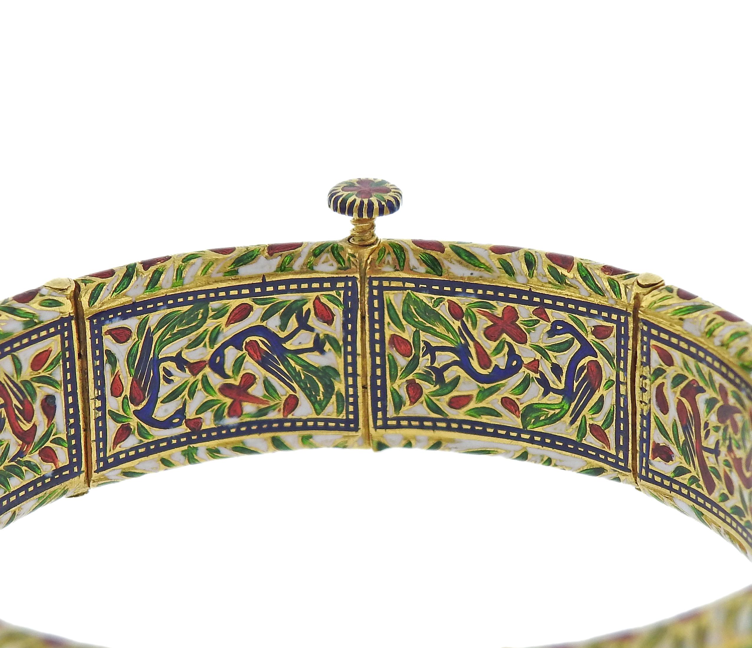 Antique Maharaja Indian bracelet, 22k gold, adorned with rose cut diamonds, rubies and enamel. Bracelet is 7