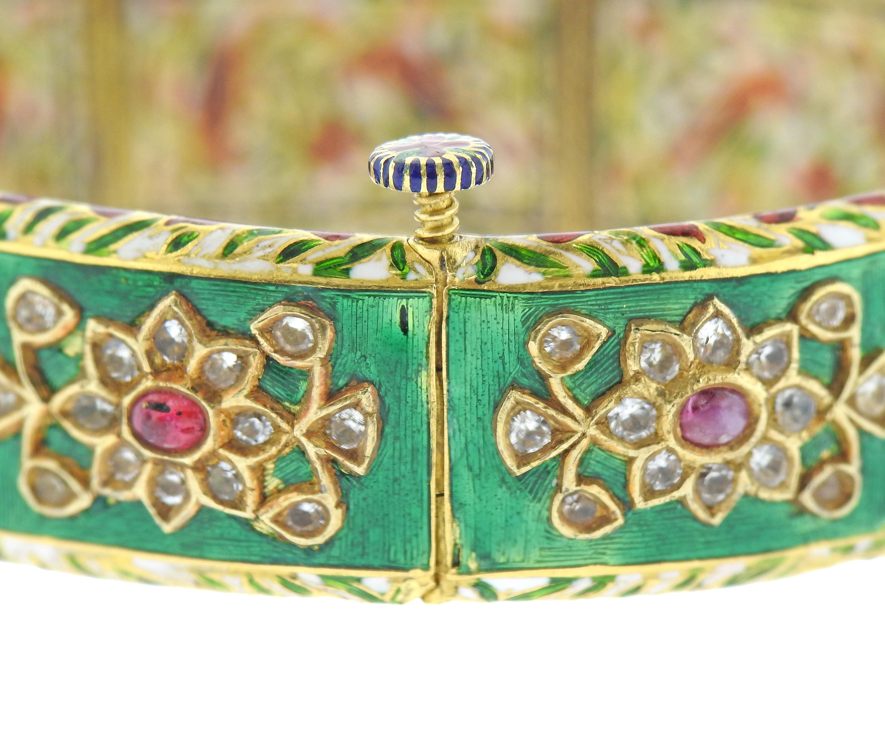 Indian Maharaja Antique Diamond Ruby Enamel High Karat Gold Bracelet 