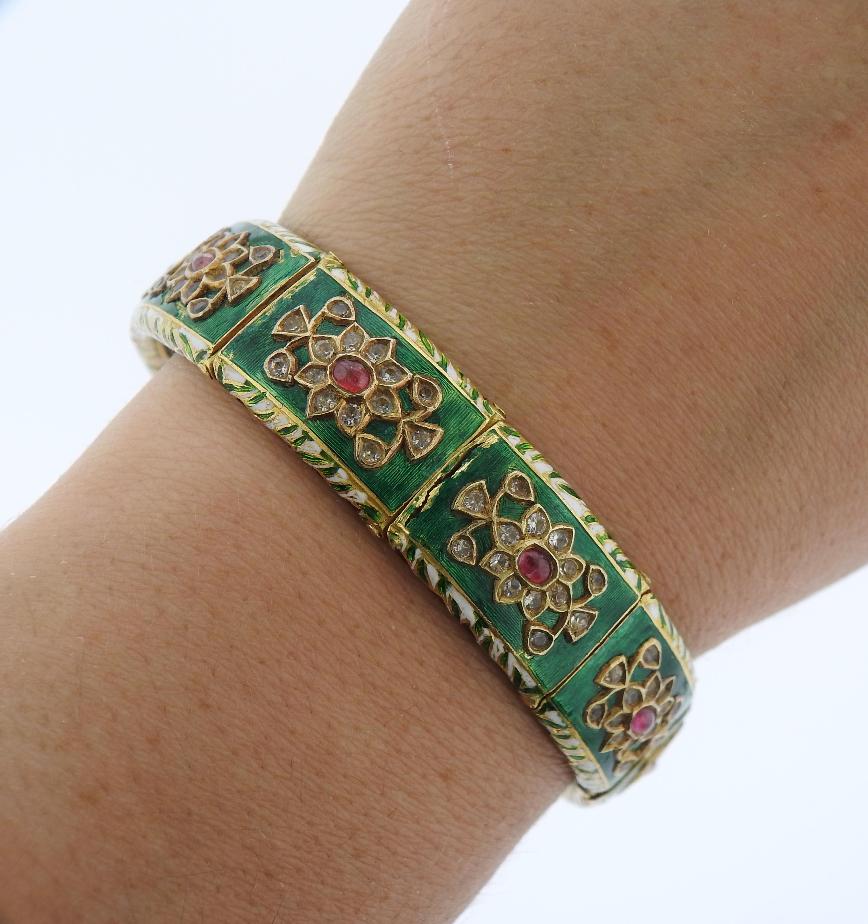 Indian Maharaja Antique Diamond Ruby Enamel High Karat Gold Bracelet 