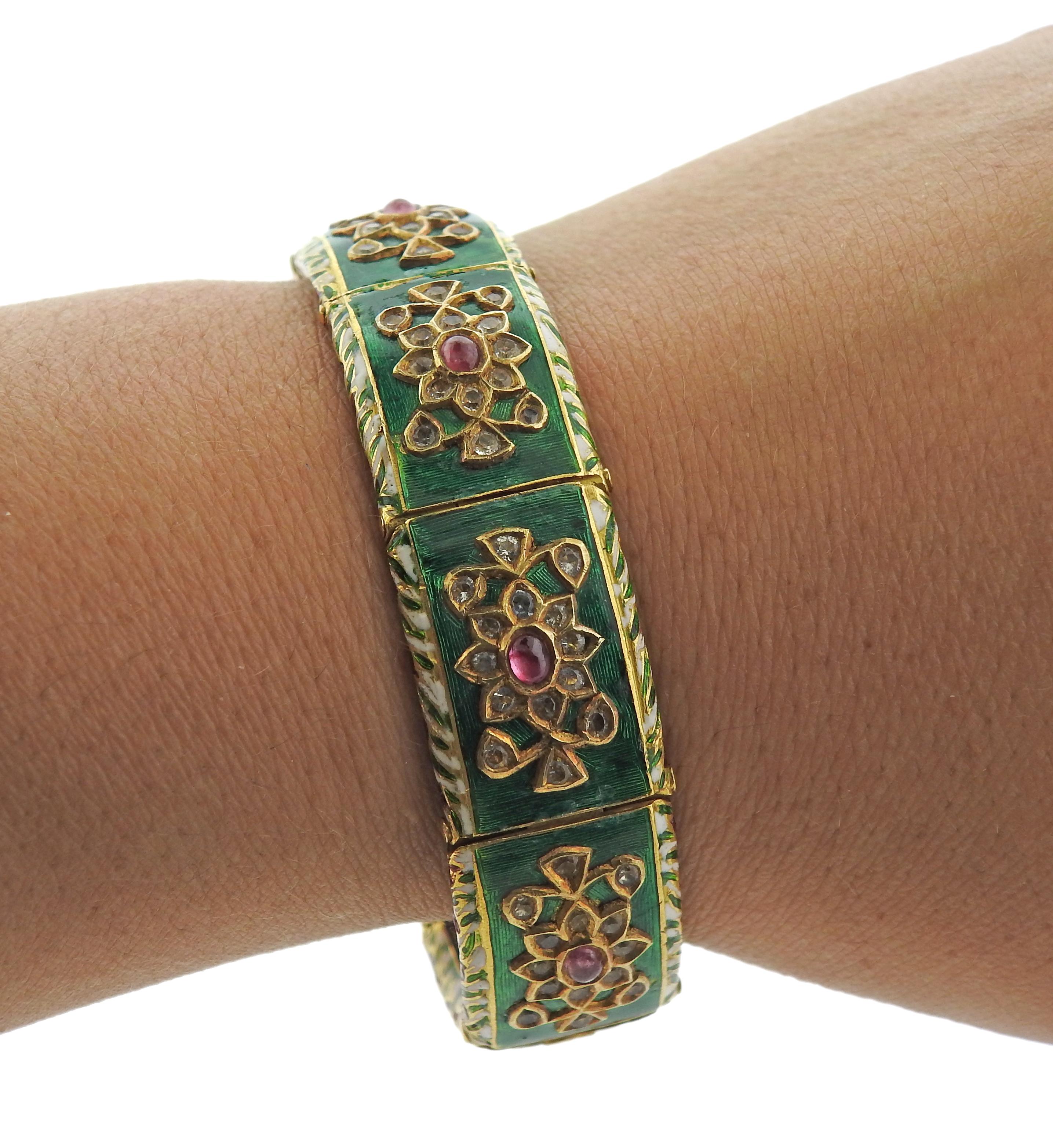 Indian Maharaja Antique Diamond Ruby Enamel High Karat Gold Bracelet In Excellent Condition For Sale In New York, NY