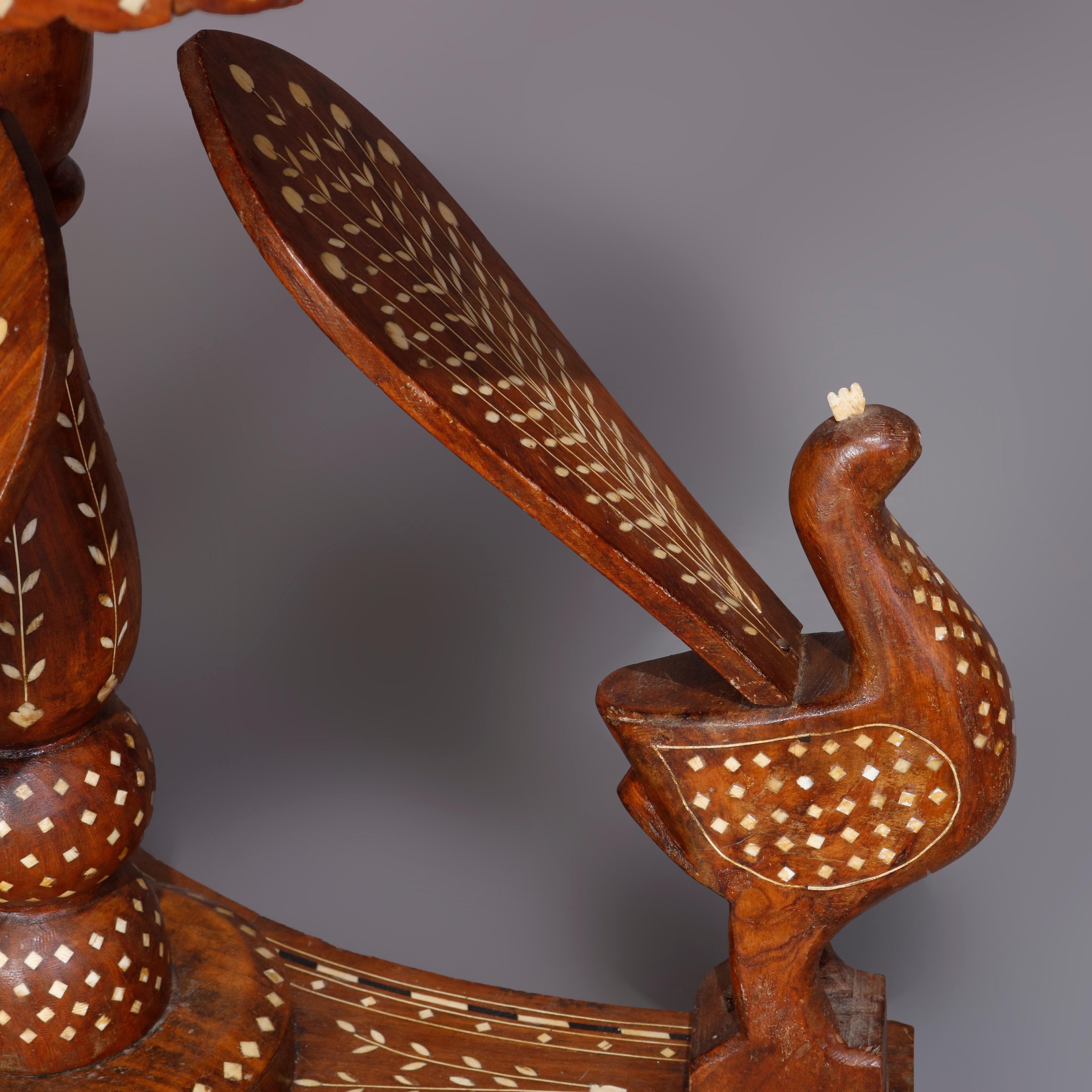 Indian Marquetry Carved and Inlaid Figural Peacock Side Table, circa 1910 In Good Condition In Big Flats, NY