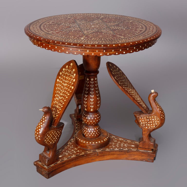 Indian Marquetry Carved and Inlaid Figural Peacock Side Table, circa