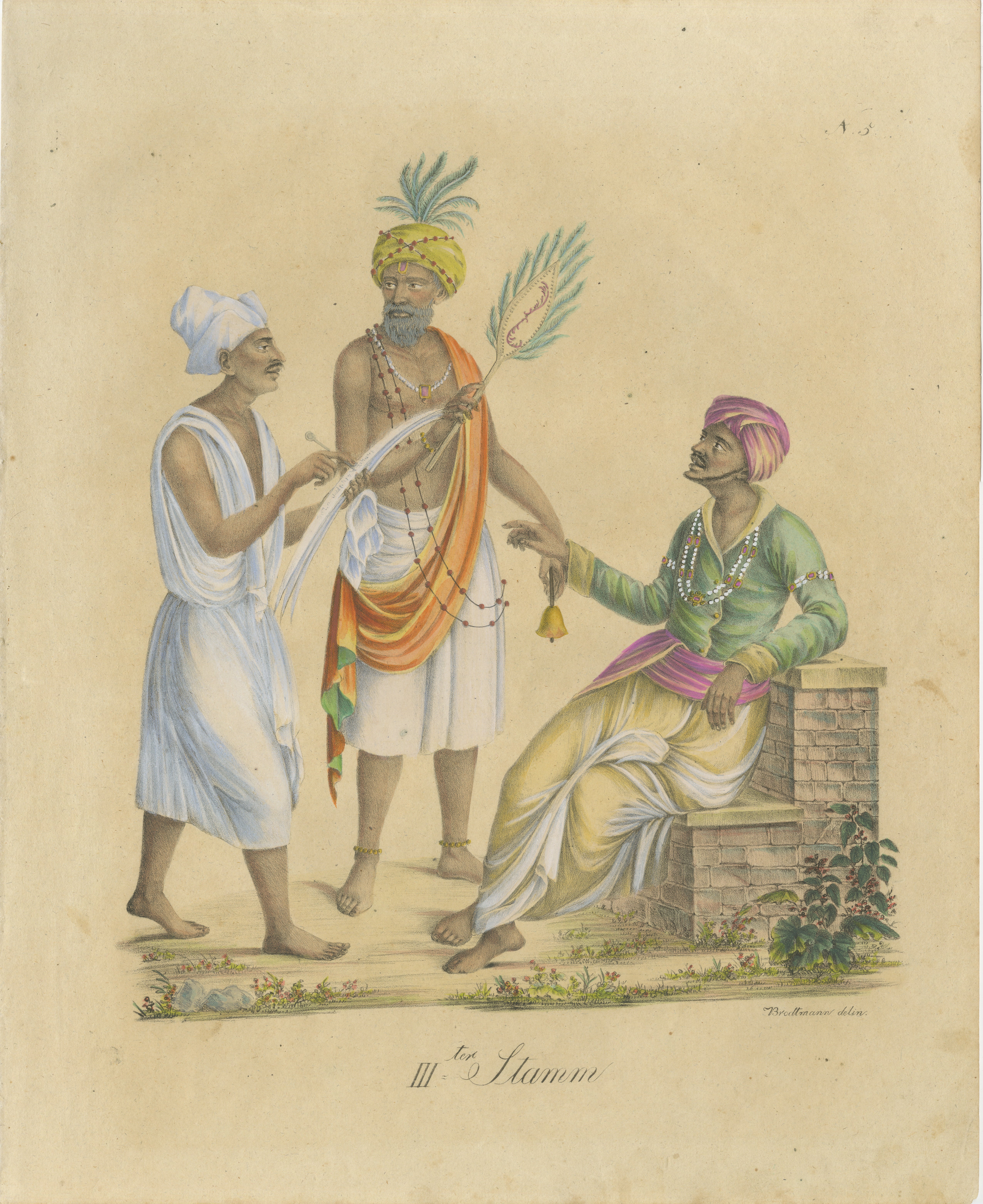 Indian Merchants & Noblemen, Brodtmann Hand-Colored Lithograph, 1816