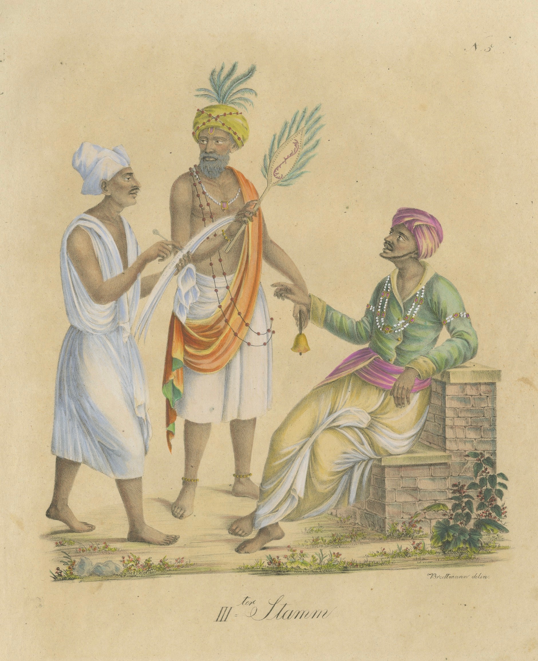 Indian Merchants & Noblemen, Brodtmann Hand-Colored Lithograph, 1816