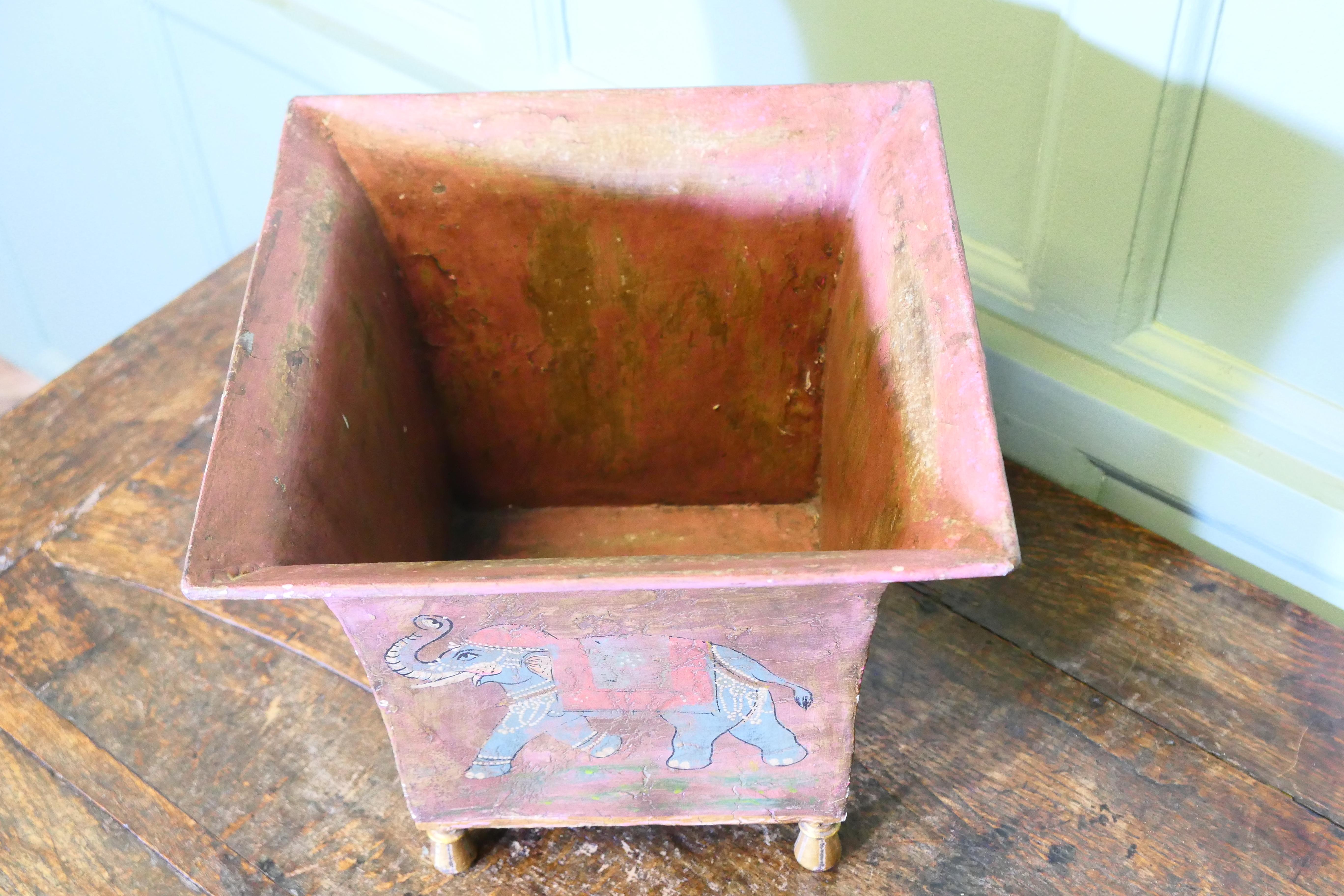 Anglo-Indian Indian Metal Jardiniere Painted with Elephants  Lovely and naive decoration For Sale