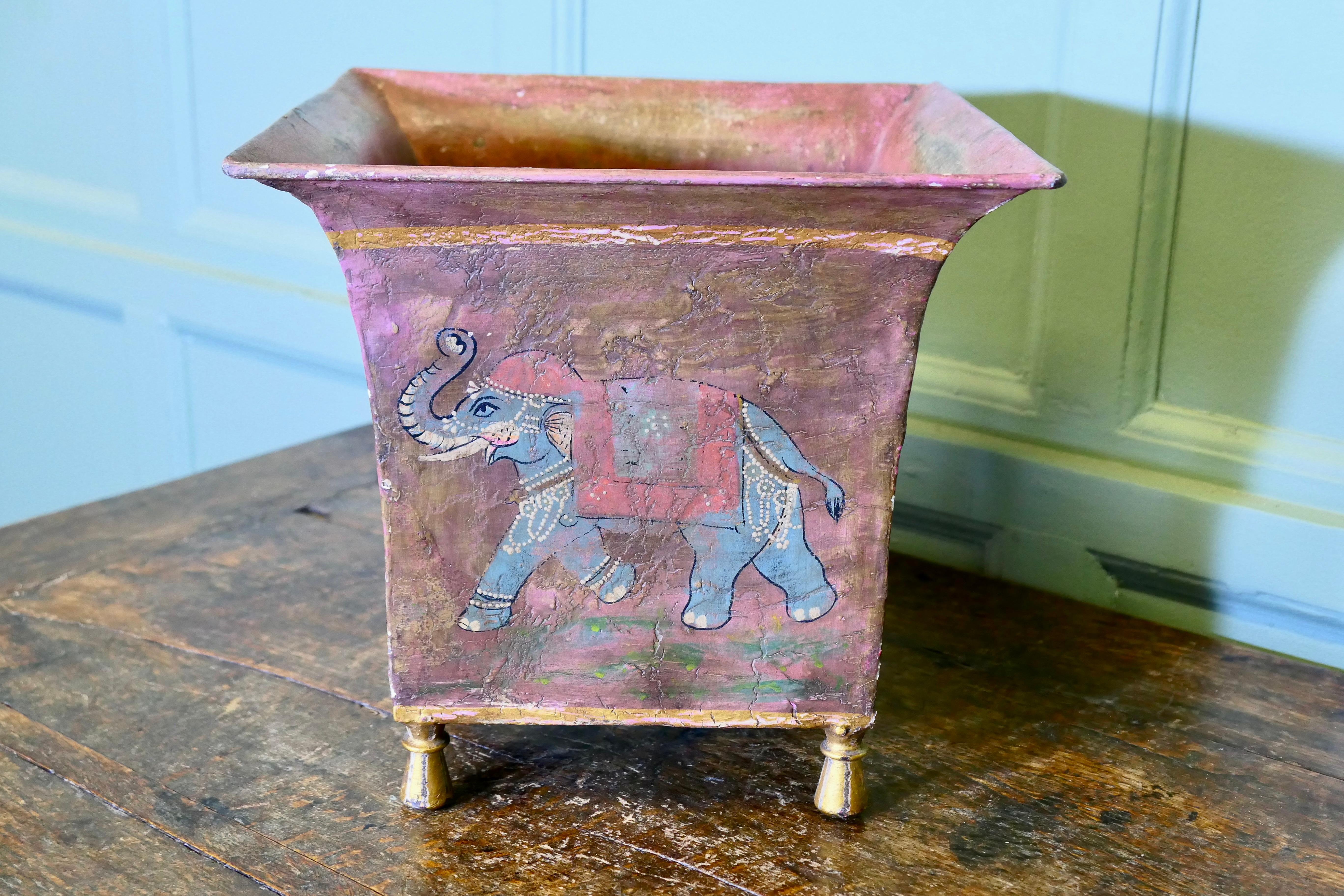 Early 20th Century Indian Metal Jardiniere Painted with Elephants  Lovely and naive decoration For Sale