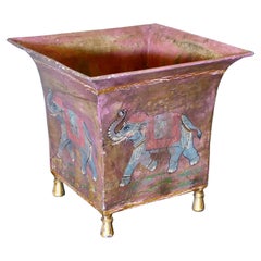 Indian Metal Jardiniere Painted with Elephants  Lovely and naive decoration