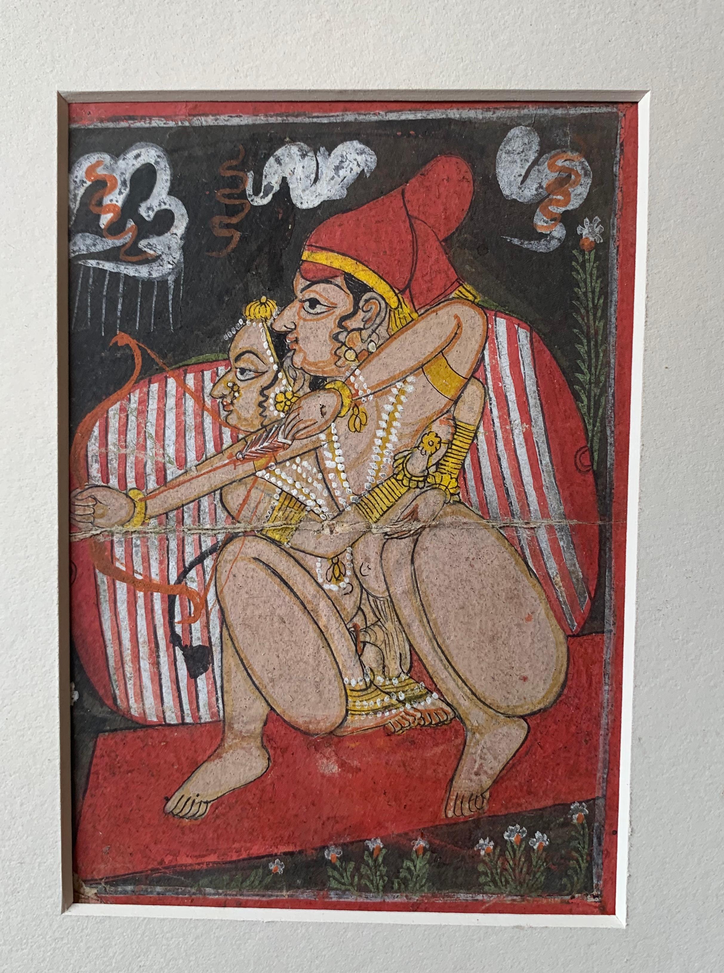 This is a rare early Rajasthan Rajput painting of erotic lovers and dating to circa 1780.  The painting is Guache.  The quality is extremely fine.  
Rajput painting, also called Rajasthan painting, evolved and flourished in the royal courts of