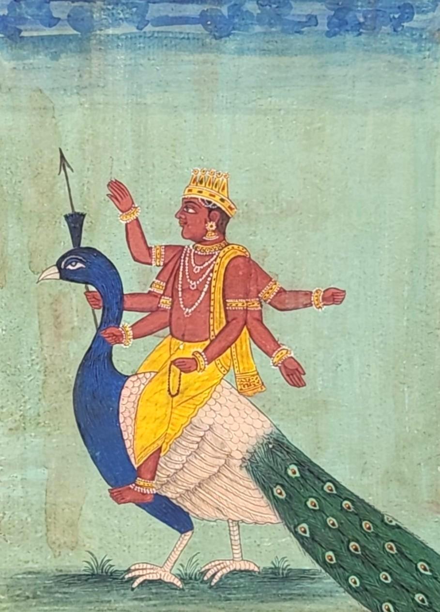 19th Century Indian Miniature Painting – Kartikeya on Peacock (Vahana), Hand-Painted. 
A vibrant and detailed miniature painting showcasing Lord Kartikeya, the Hindu god of war and son of Shiva and Parvati, majestically mounted on his divine peacock