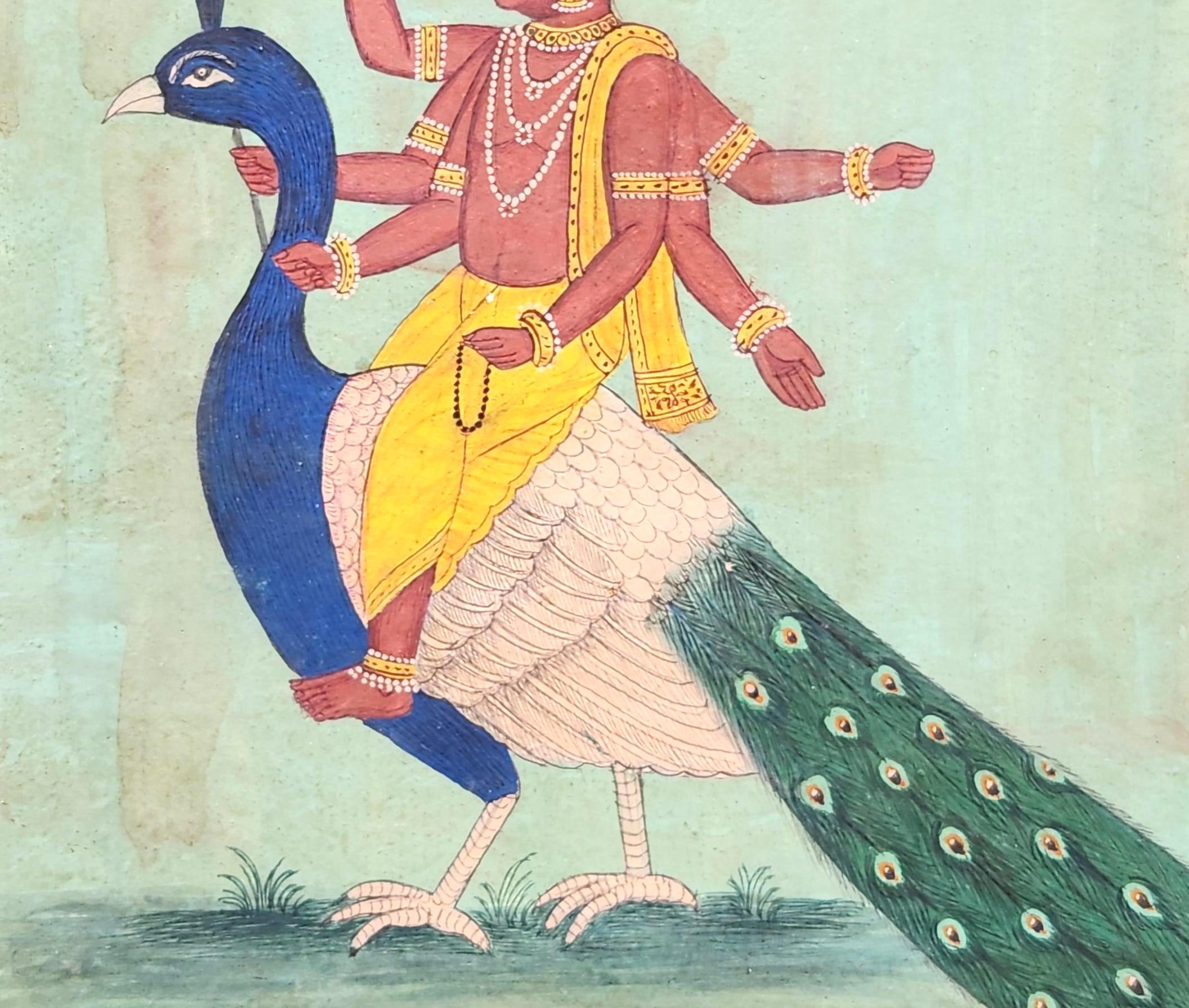 Indian Miniature Painting – Kartikeya on Peacock (Vahana) In Good Condition For Sale In Bradenton, FL