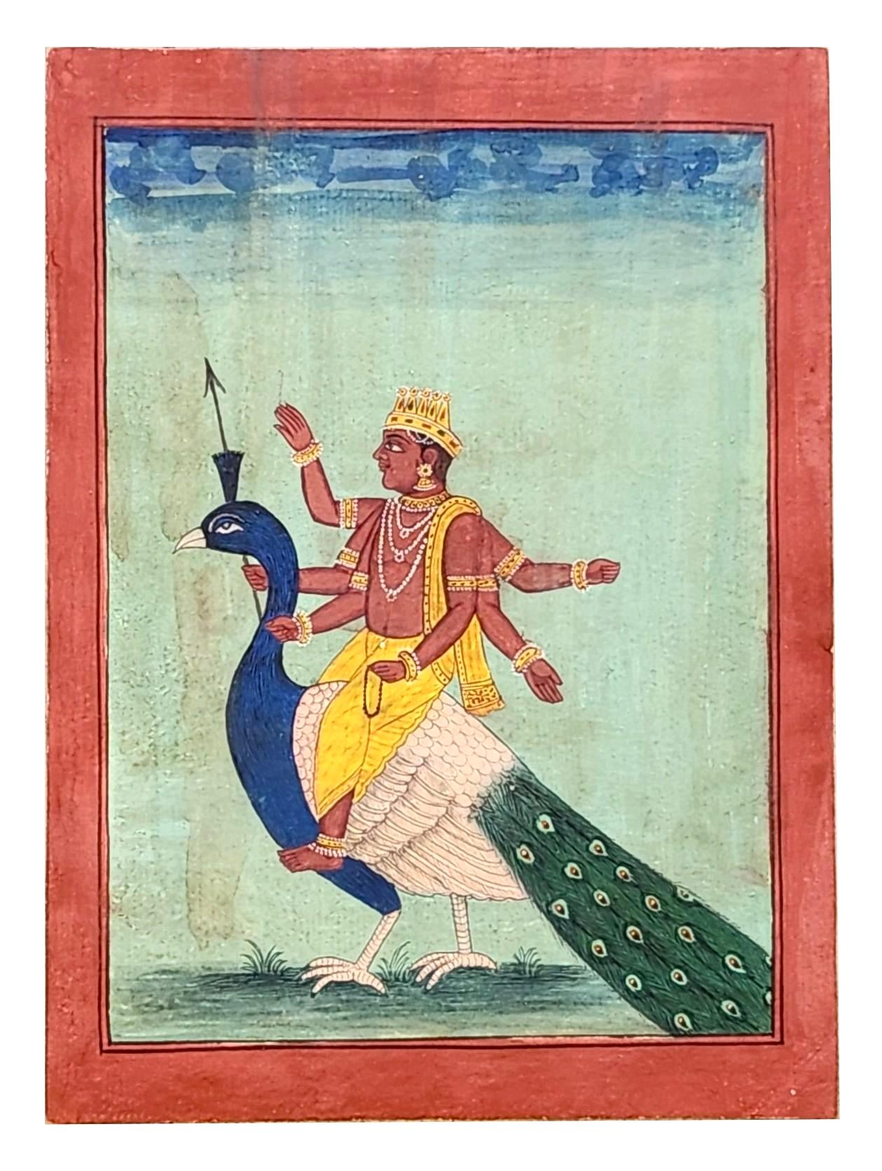 Paper Indian Miniature Painting – Kartikeya on Peacock (Vahana) For Sale