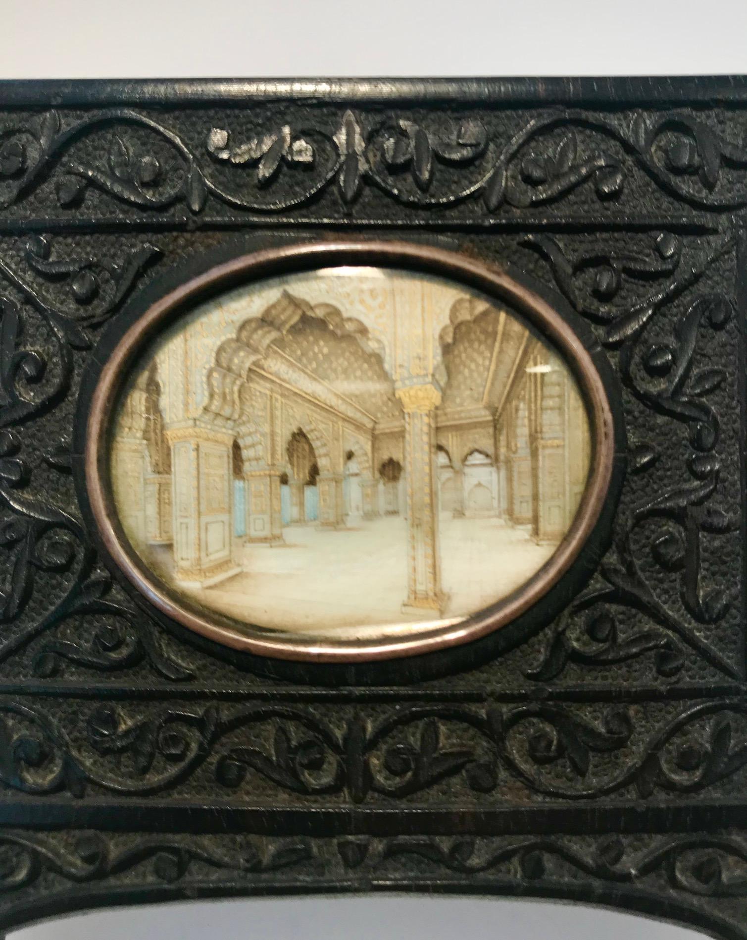 Anglo-Indian Indian Miniature Perspective Painting in a Hand Carved Ebony Frame 