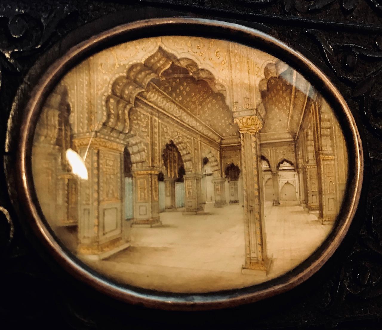 Silver Indian Miniature Perspective Painting in a Hand Carved Ebony Frame 