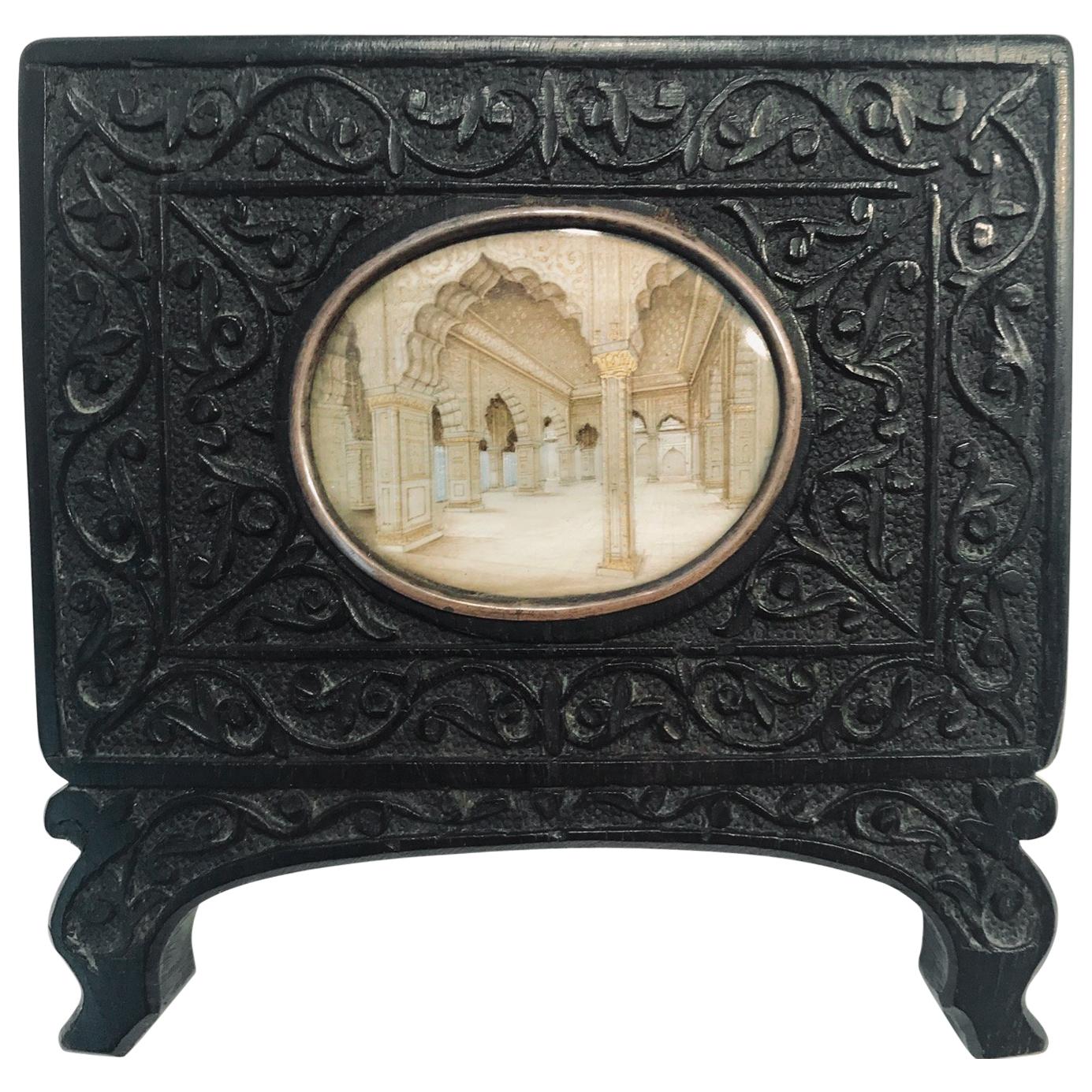 Indian Miniature Perspective Painting in a Hand Carved Ebony Frame 