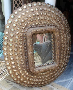 Indian Mirror and Hand-Carved Wooden Inlayed Frame