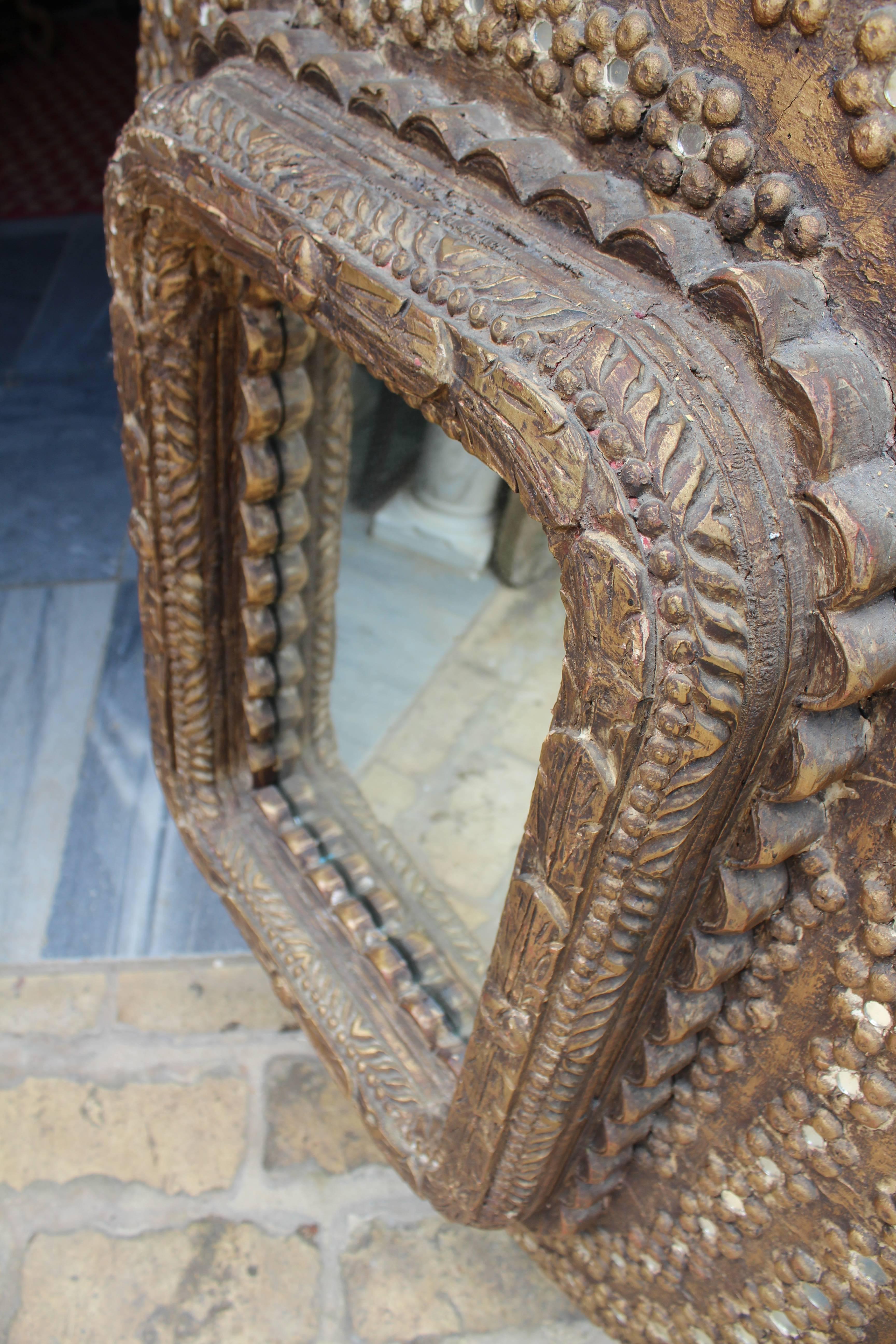 Indian Mirror and Hand-Carved Wooden Inlayed Frame 1