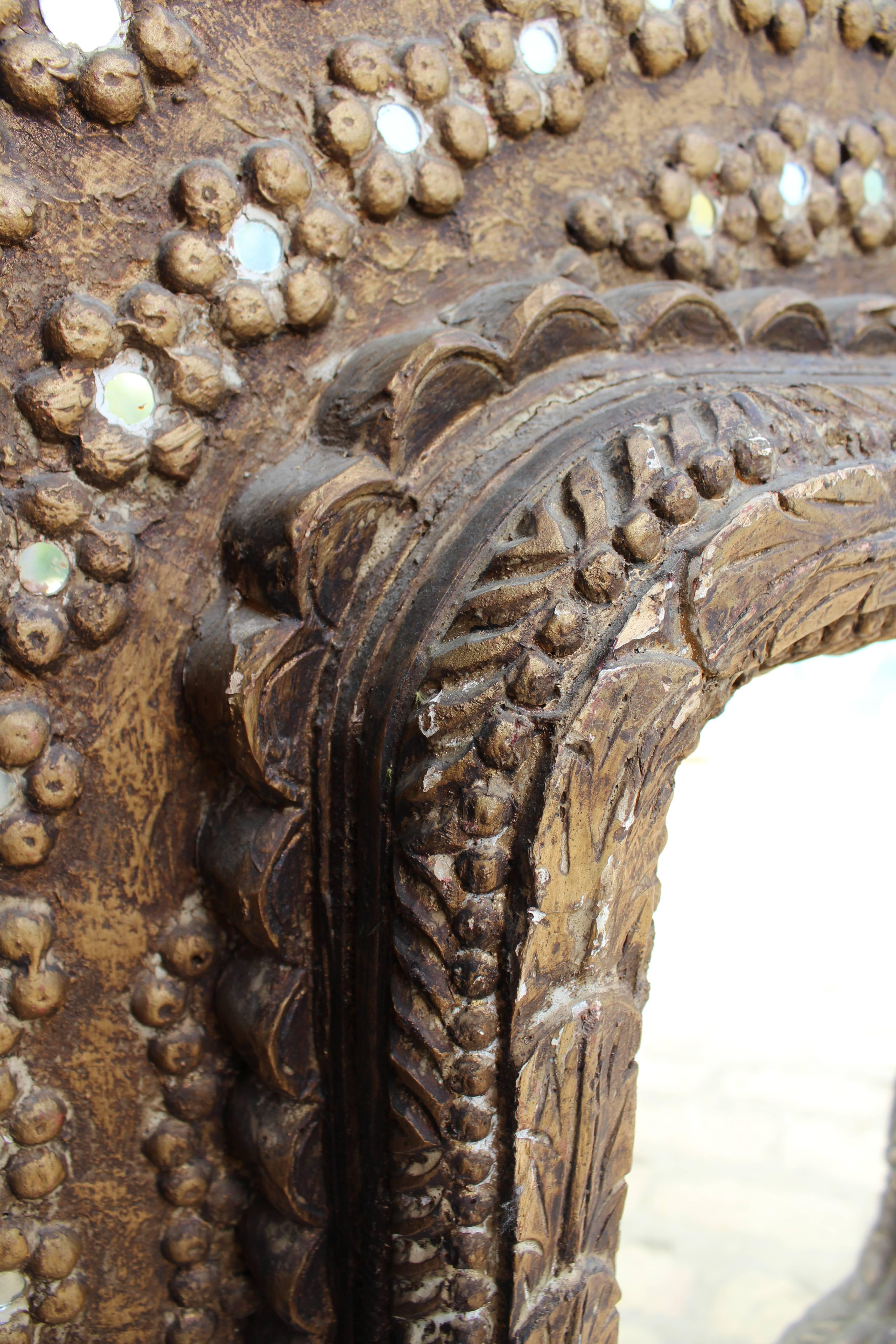 Indian Mirror and Hand-Carved Wooden Inlayed Frame 4