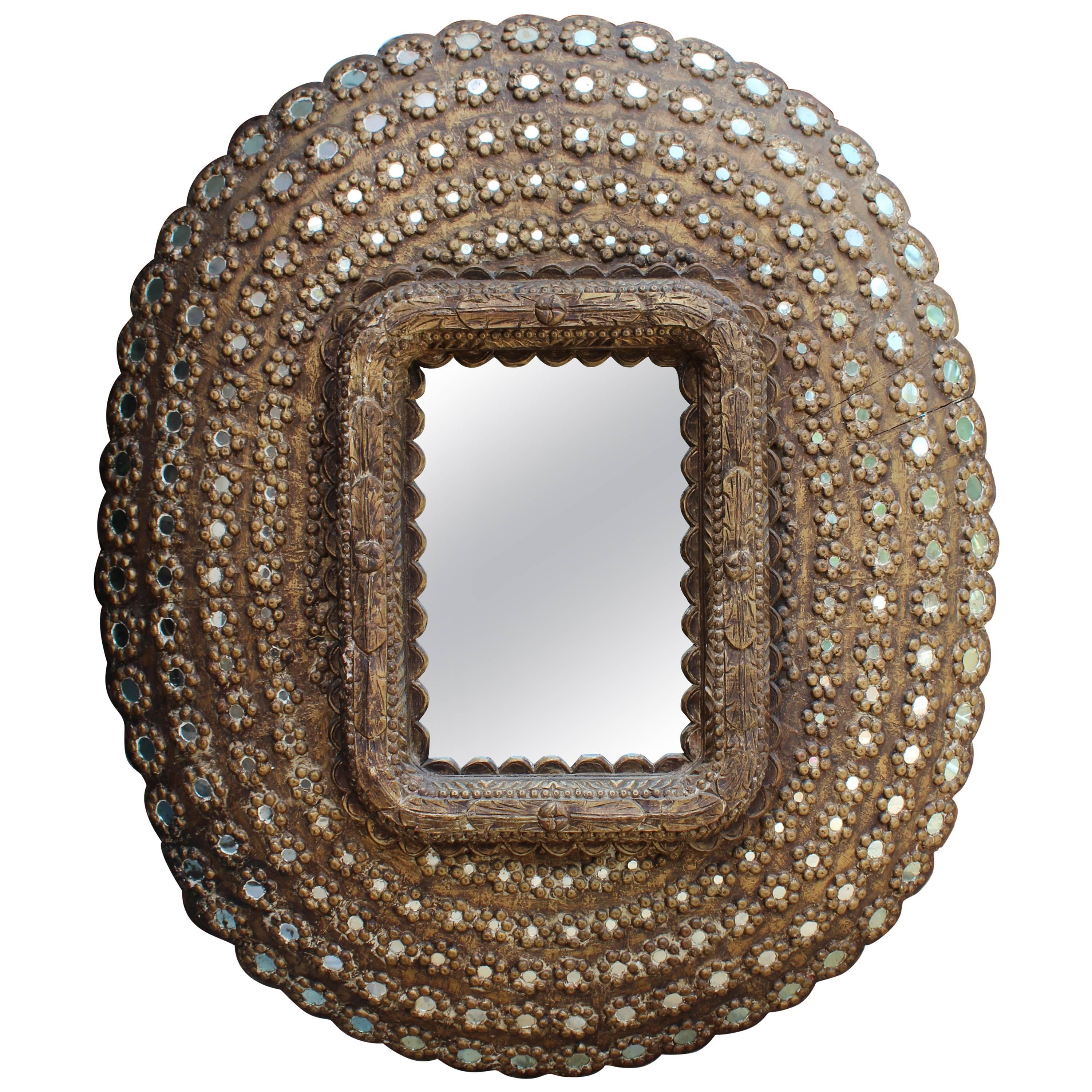 Indian Mirror and Hand-Carved Wooden Inlayed Frame