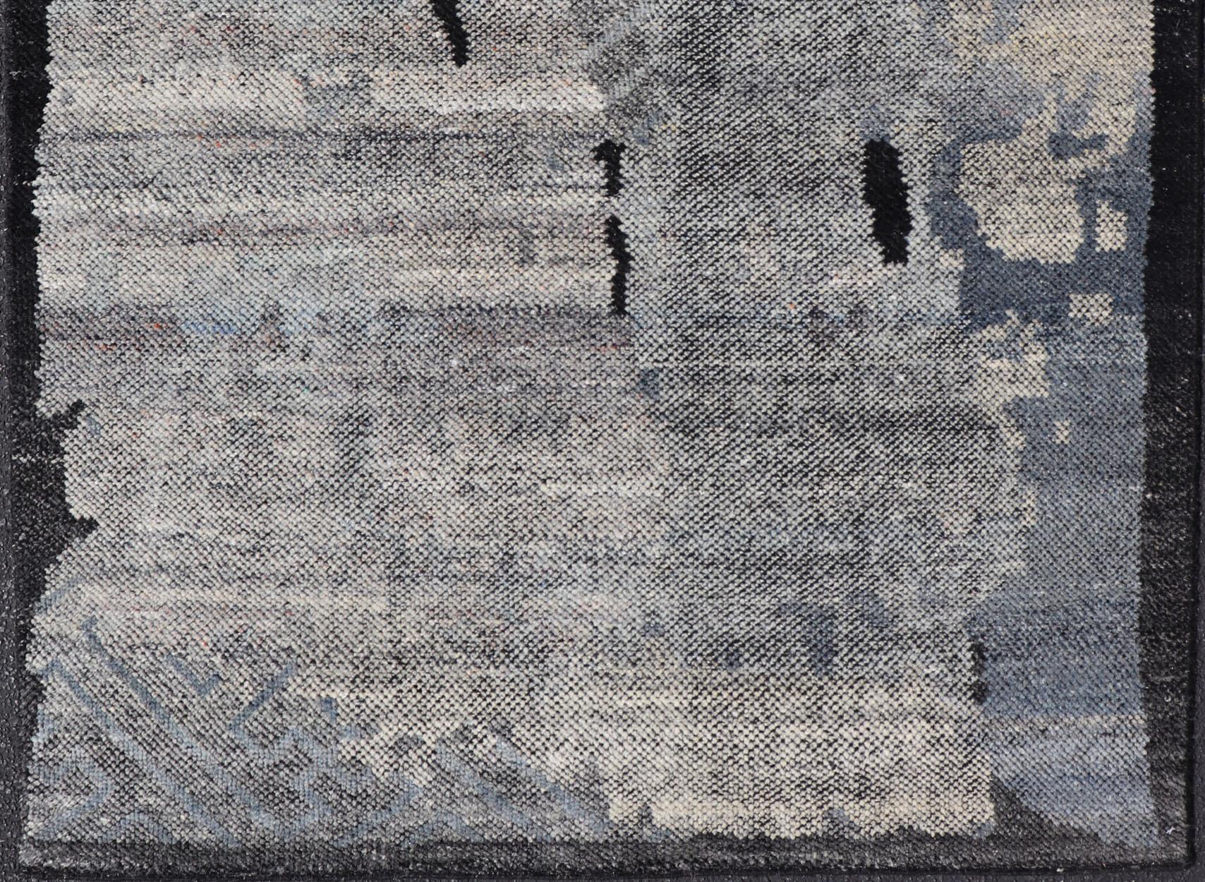 XXI secolo e contemporaneo Tappeto indiano moderno astratto di piccole dimensioni in tonalità neutre scure 4'0