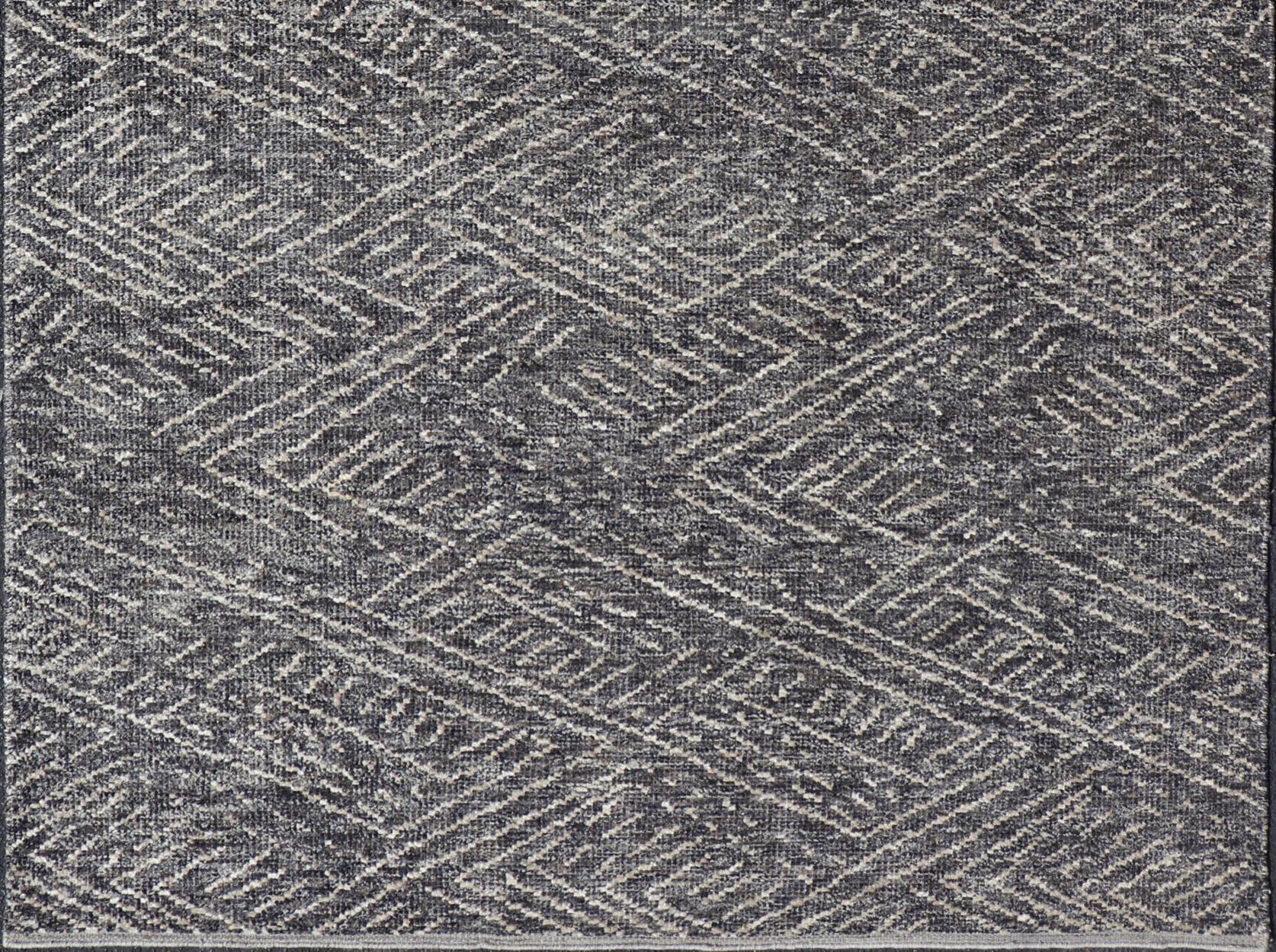 Wool Indian Modern Casual Gray-Blue Area Rug With Minimal Crosshatch Design For Sale