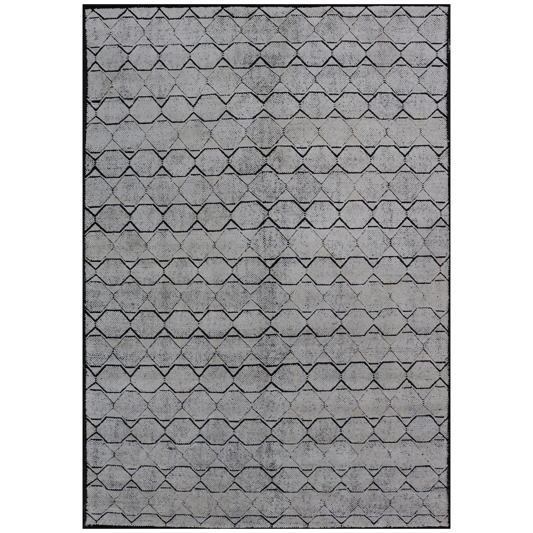 Tapis indien moderne à motifs géométriques et minimalistes en ivoire et noir