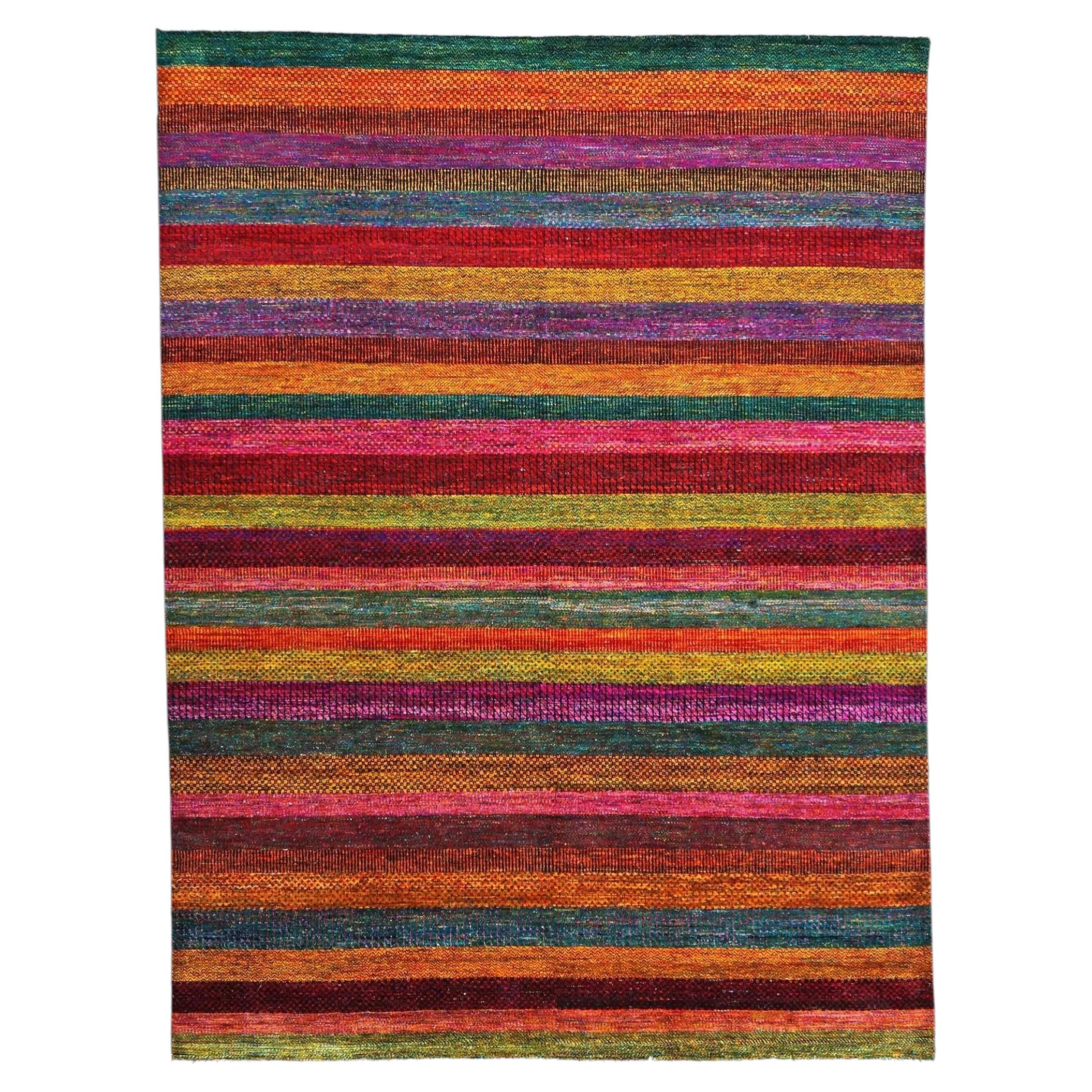 Indian Modern Sari Silk Ikat 9x12 Red Vibrant Multicolor Handmade Area Rug For Sale