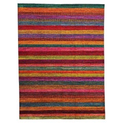 Tappeto indiano moderno in seta Ikat 9x12, multicolore e vibrante