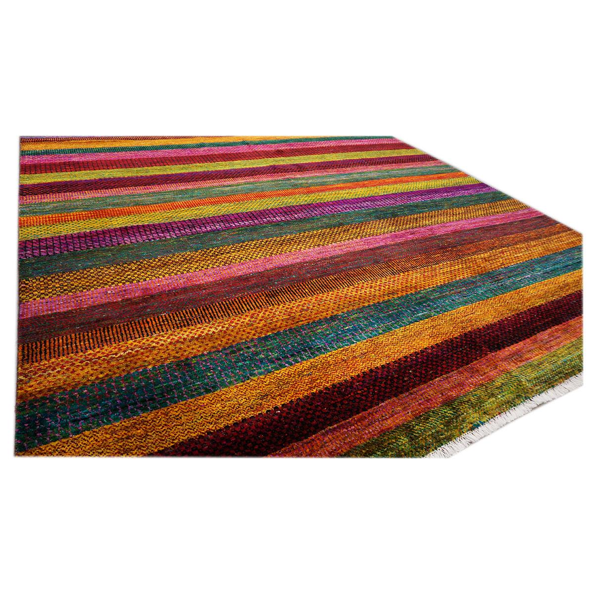 Hand-Knotted Indian Modern Silk Ikat 9x12 Vibrant Multicolor Area Rug  For Sale