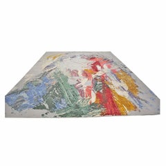 Tapis indien moderne en laine et soie Sima 12x15 gris et multicolore fait à la main
