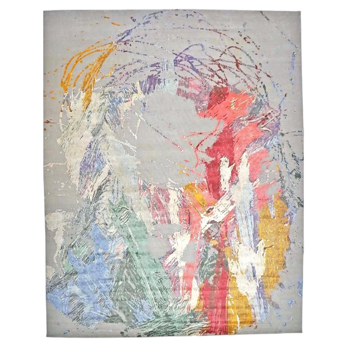 Tapis indien moderne en laine et soie Sima 12x15 gris et multicolore fait à la main en vente