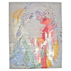 Tapis indien moderne en laine et soie Sima 12x15 gris et multicolore fait à la main