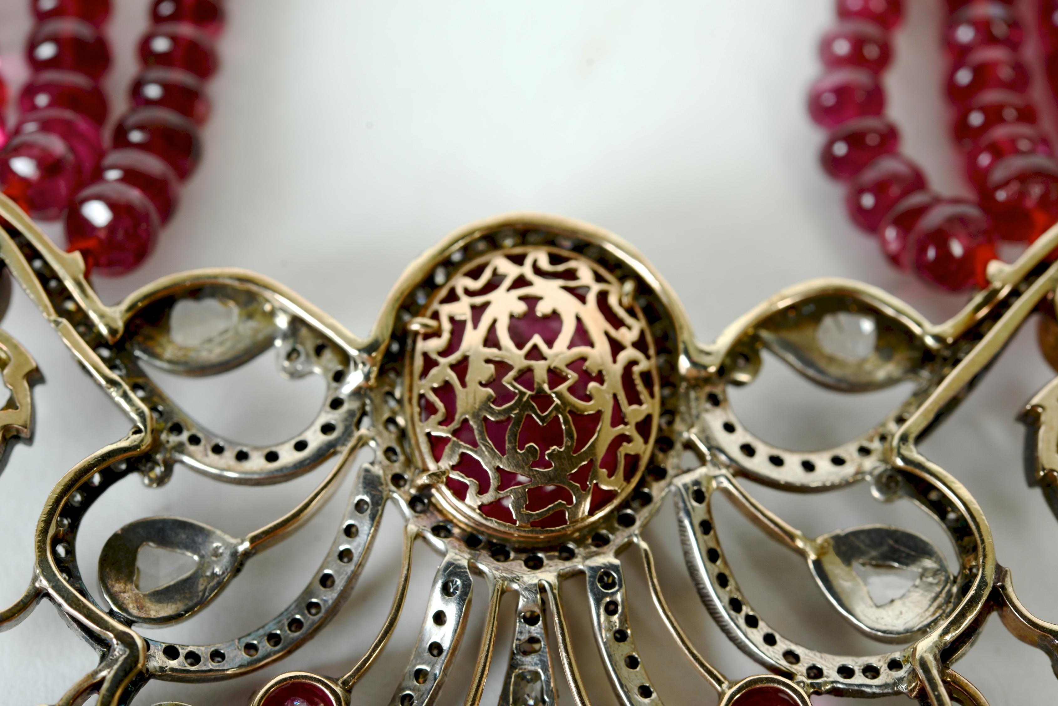 Rose Cut Indian Mogul Style Gold Open-Worked Pendant Set with Diamonds and Rubies For Sale